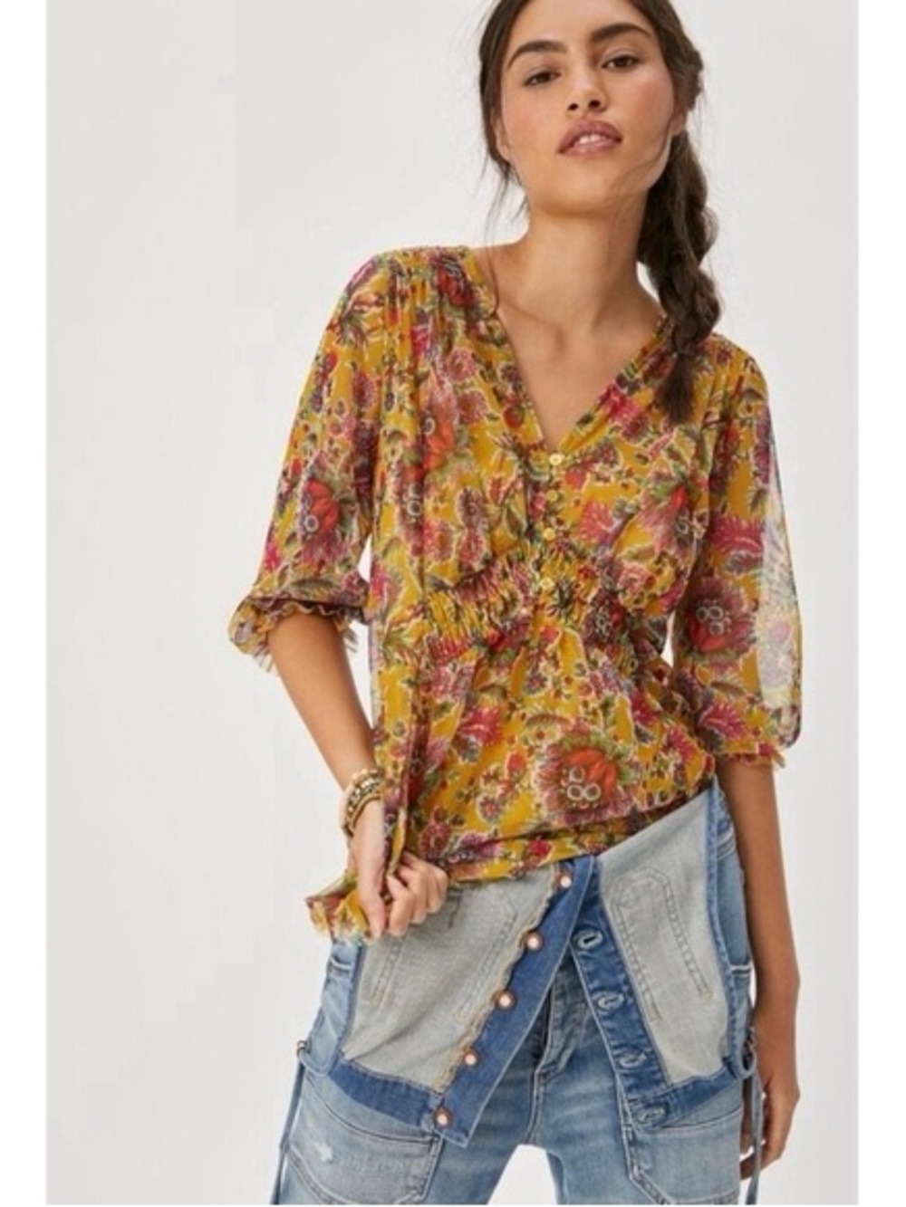 BY ANTHROPOLOGIE • Gretchen smocked blouse yellow floral - XS